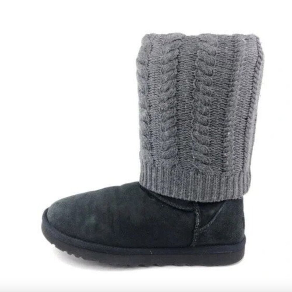 Ugg Tularosa black suede grey knit cuff boots